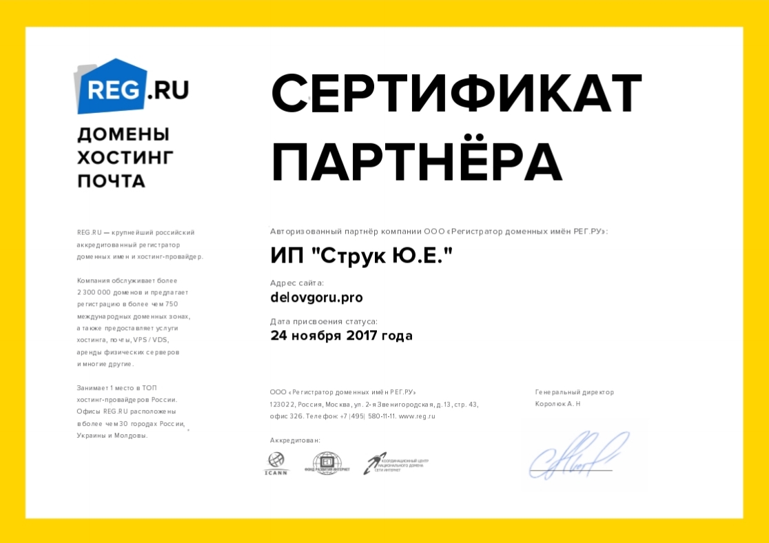 Сертификат партнёра REG.RU